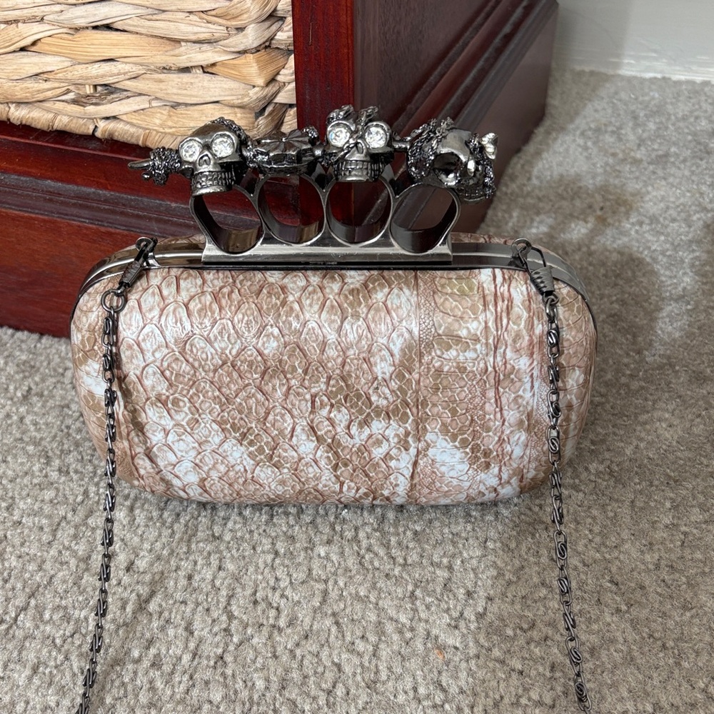 Studded Skull Knuckle Clutch in Beige Snake-Print
